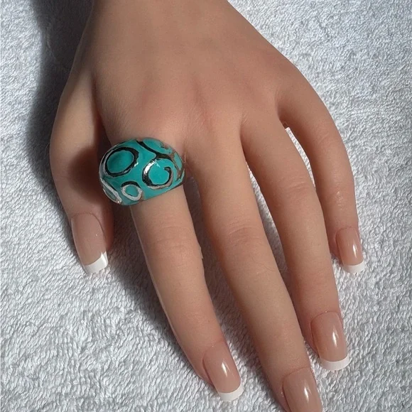 Bold Silver Tone & Enamel Teal Statement Ring, Size 8 - Picture 3 of 10